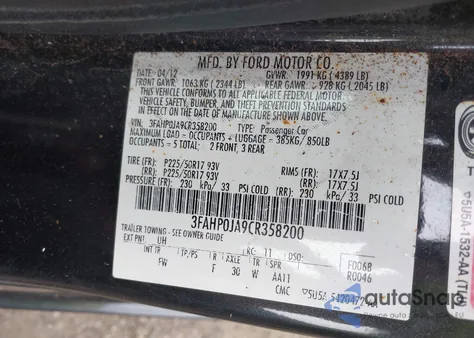 2012 Ford Fusion Sel from USA, damaged, VIN 3FAHP0JA9CR358200